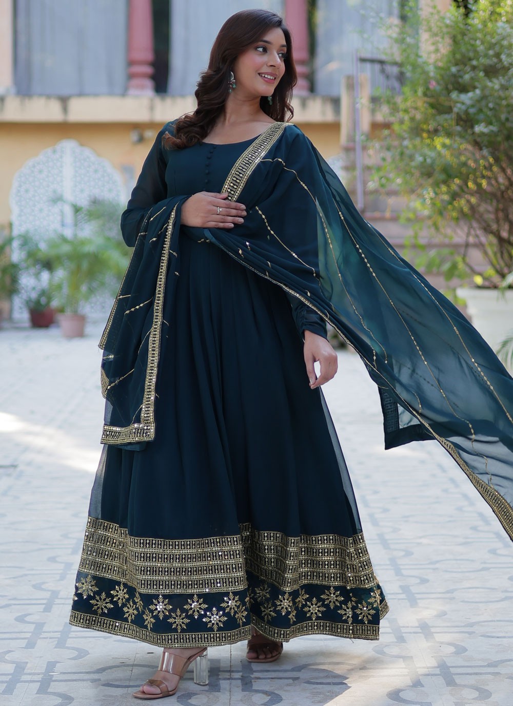 Sequins Faux Georgette Gown - G1939