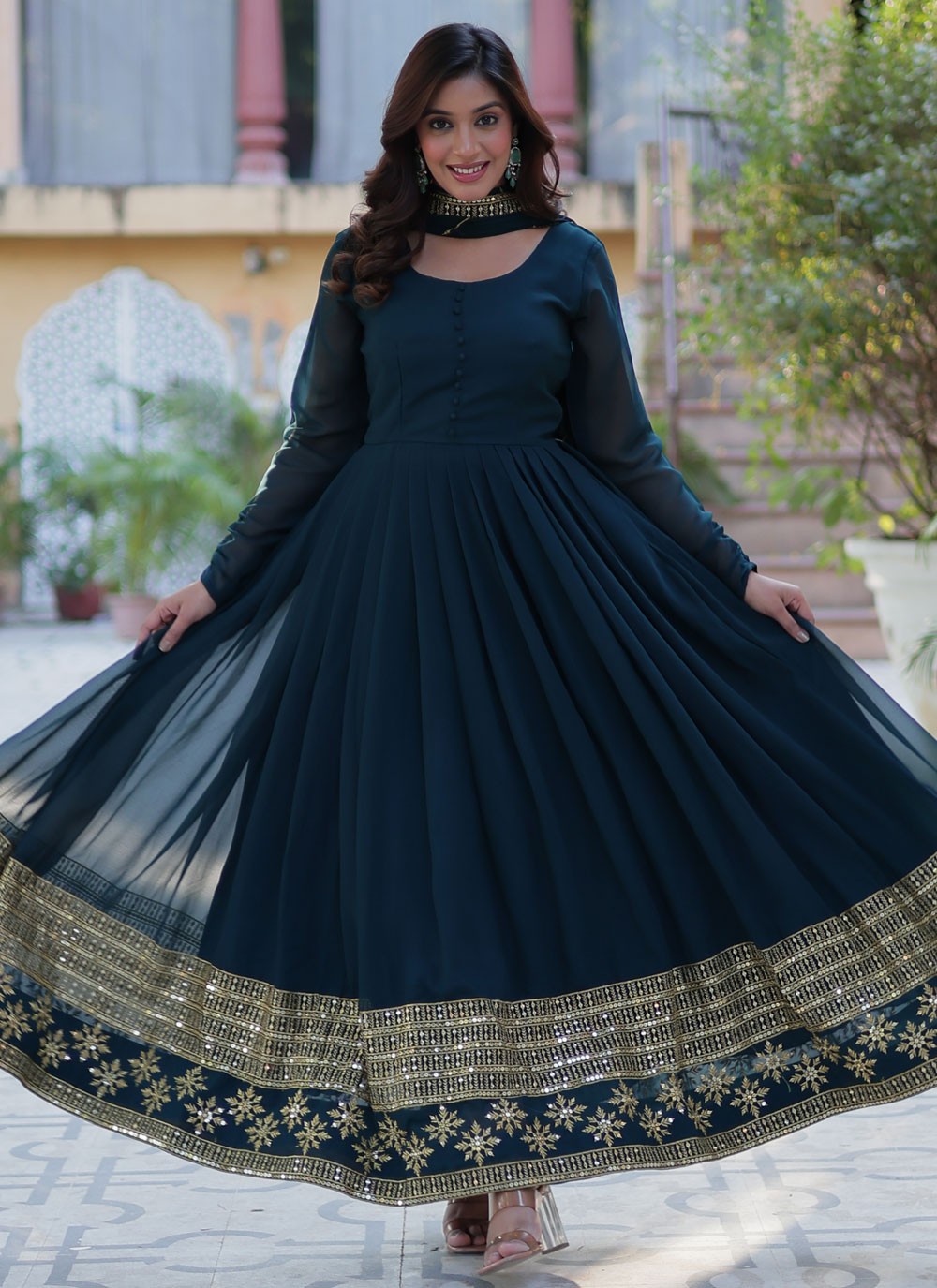 Sequins Faux Georgette Gown - G1939