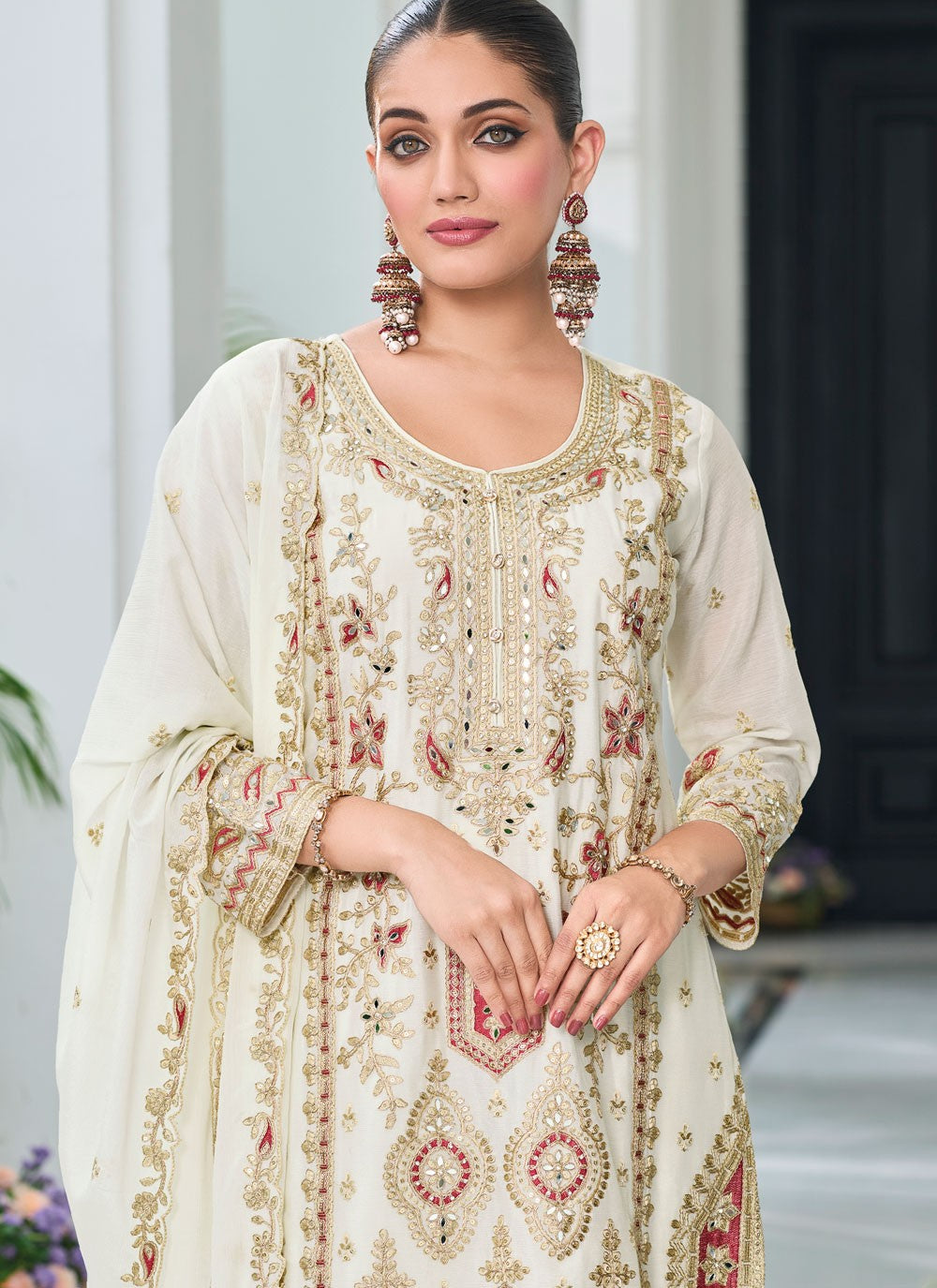 Salwar Suit Embroidered White Chinon T5385