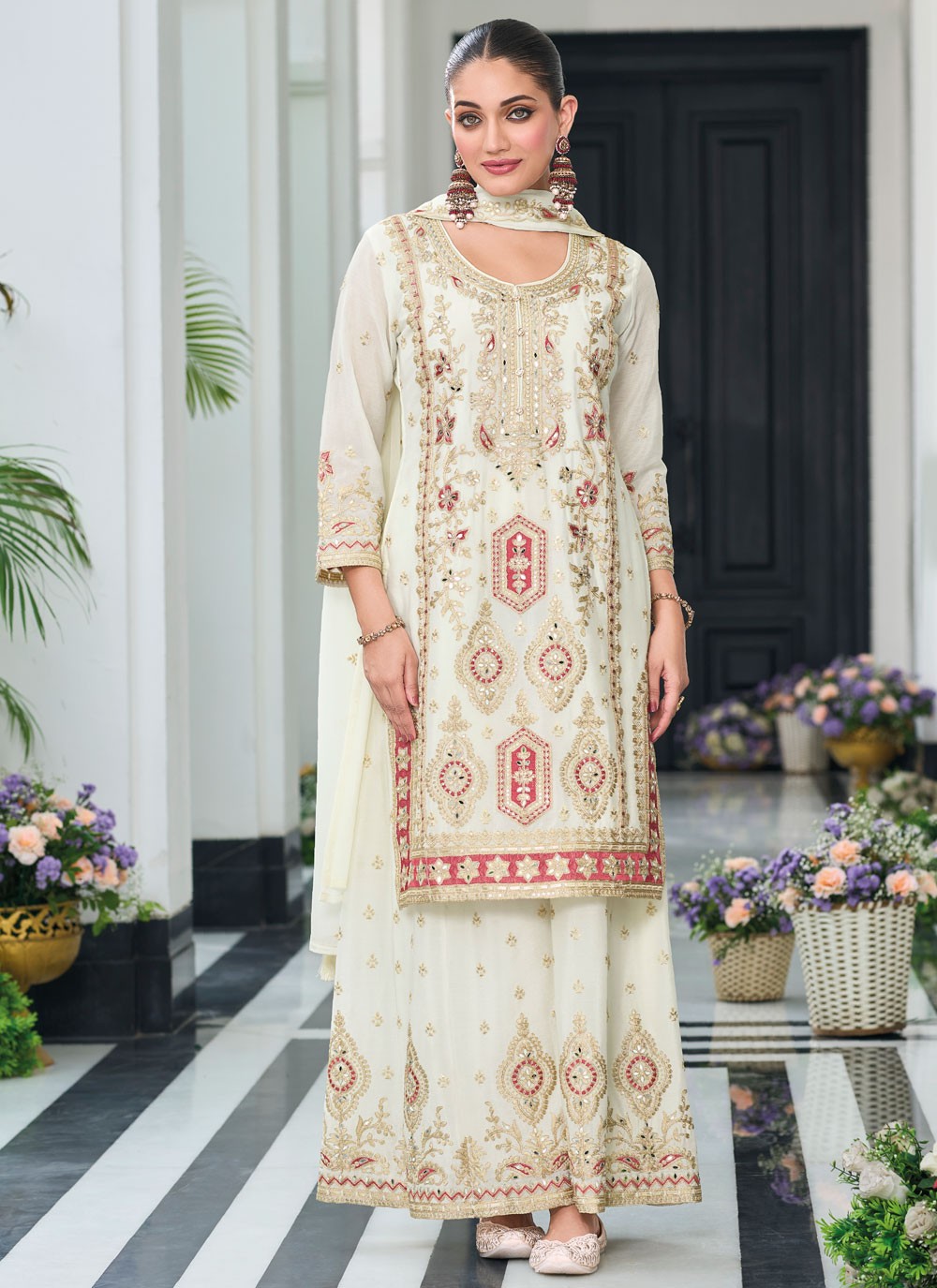 Salwar Suit Embroidered White Chinon T5385