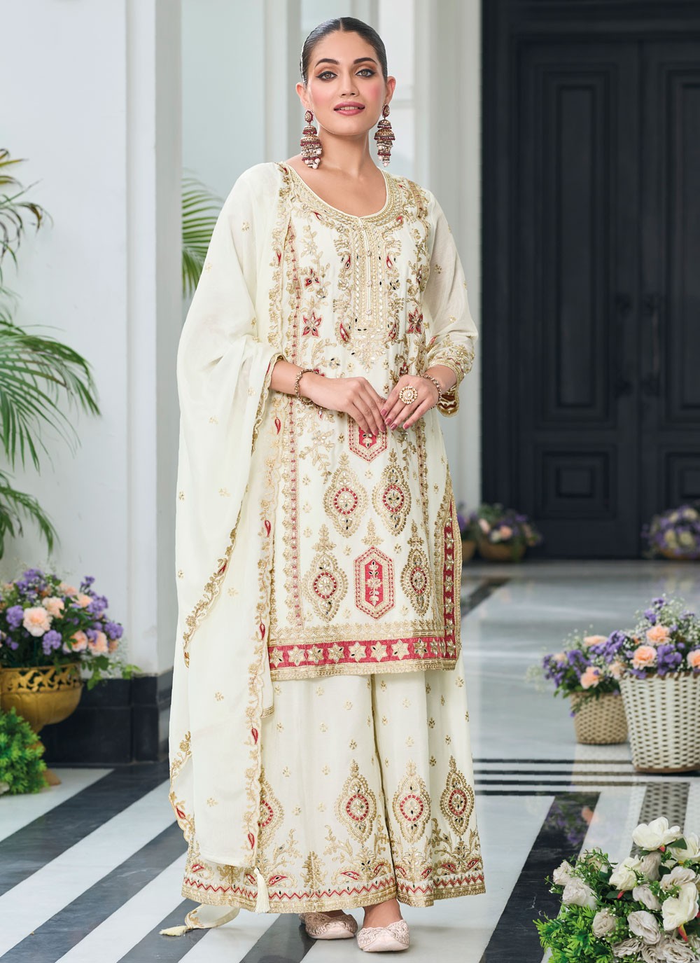 Salwar Suit Embroidered White Chinon T5385