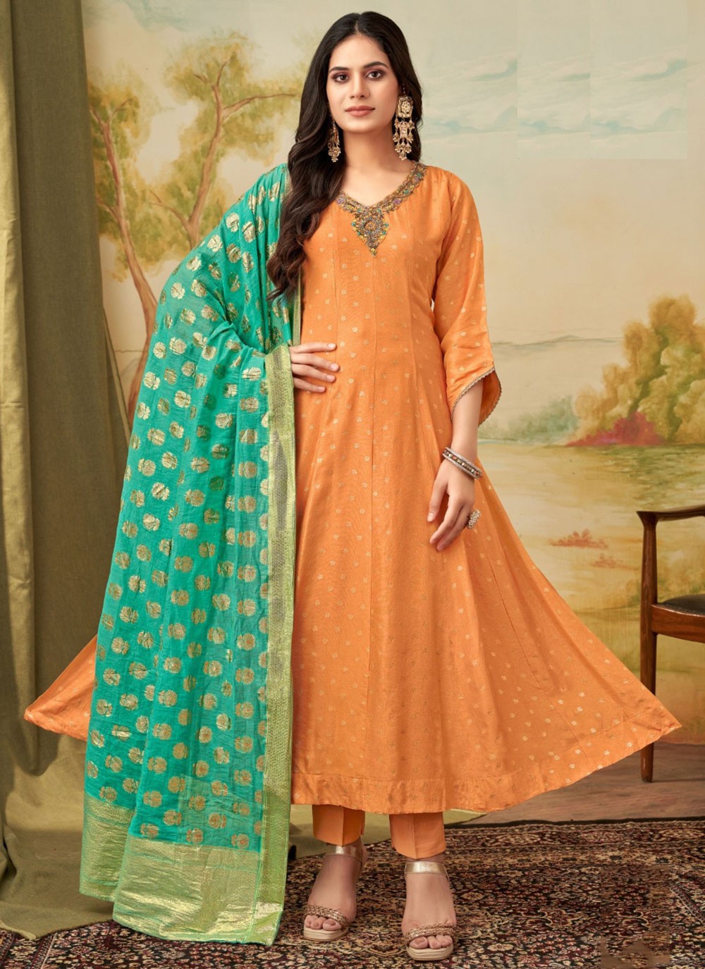 Salwar Suit Embroidered Orange Jacquard T5463