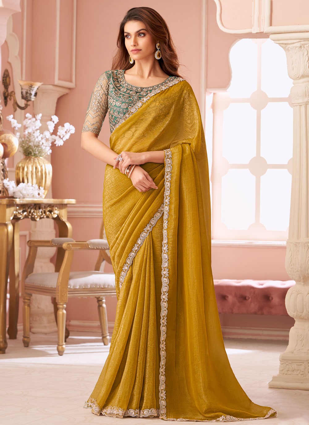 Contemporary Border Work Mustard Georgette Saree S13638