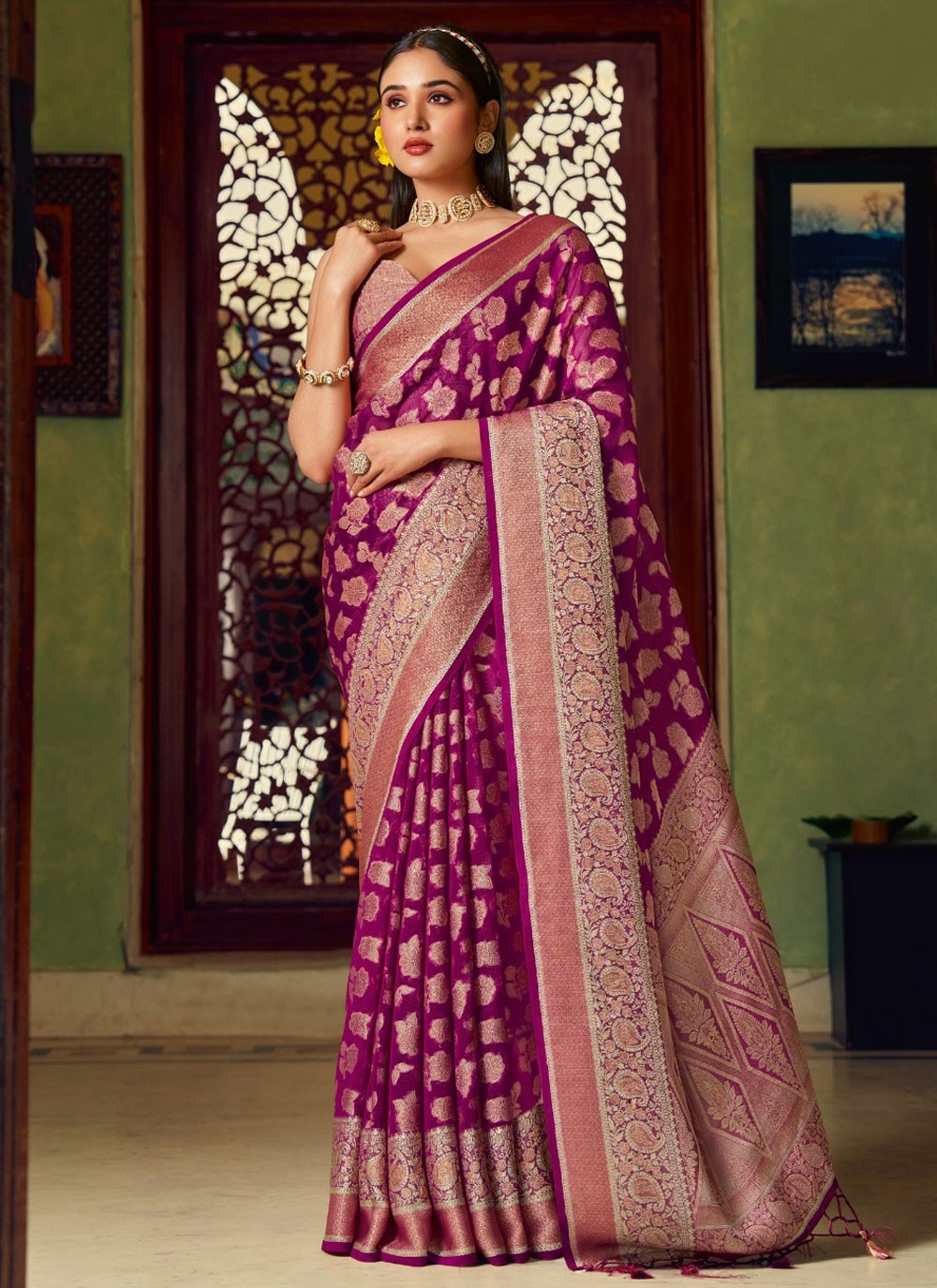 Weaving Zari Georgette Purple Trendy Saree S15497
