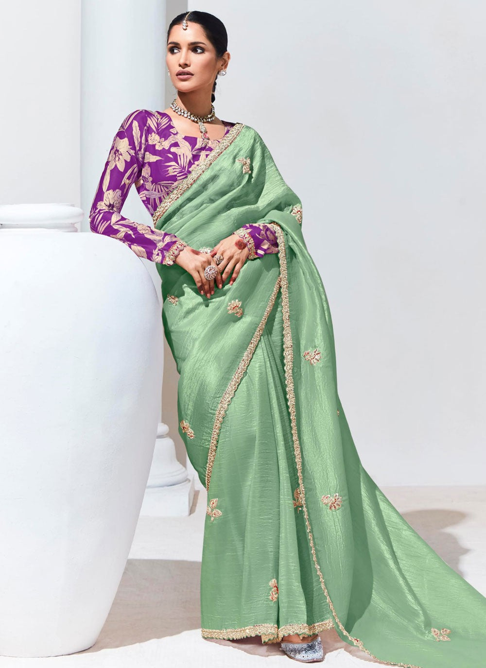 Buttis Glass Tissue Sea Green Saree S14805