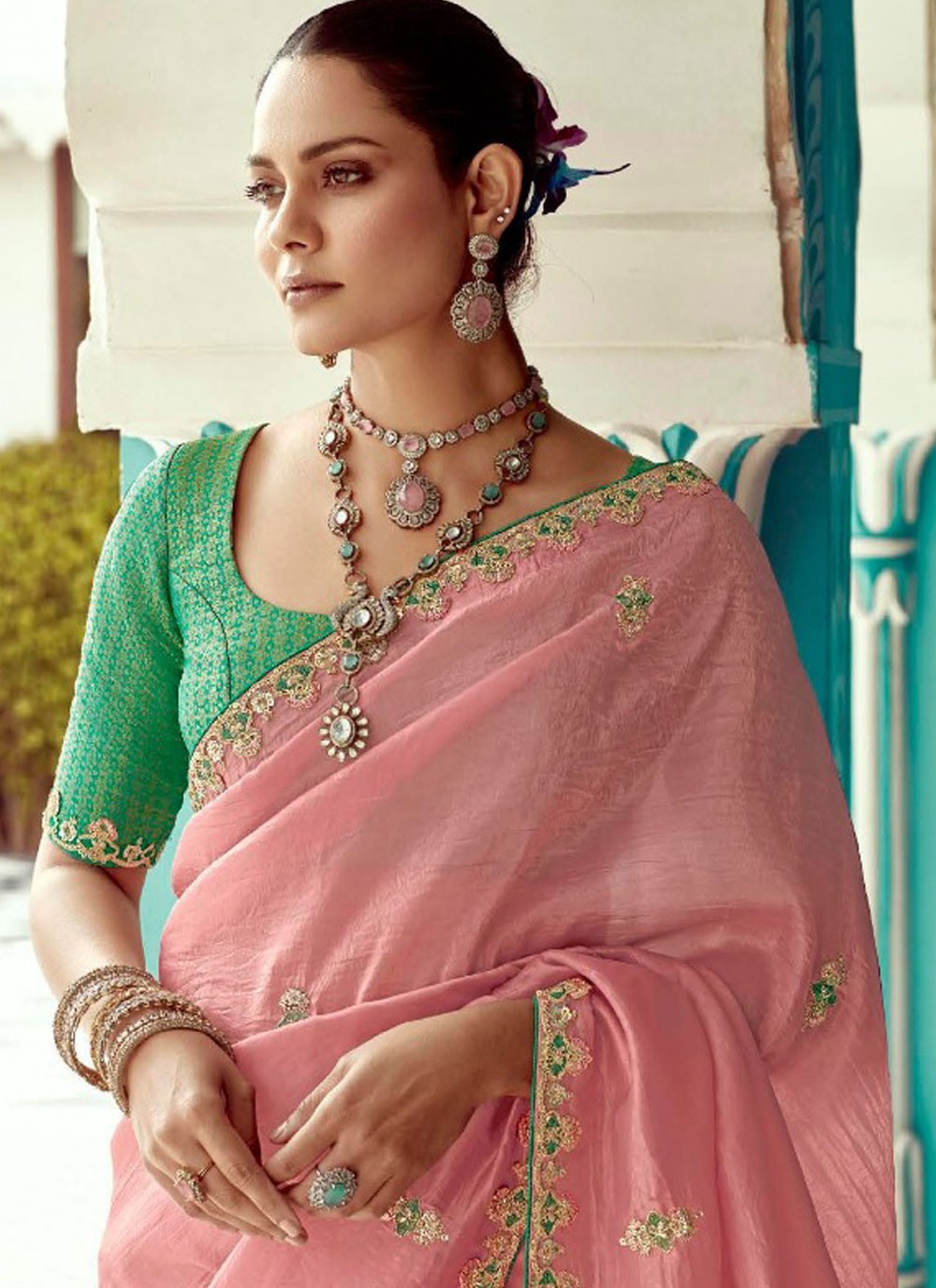 Traditional Embroidered Pink Glass Tissue Saree S13280