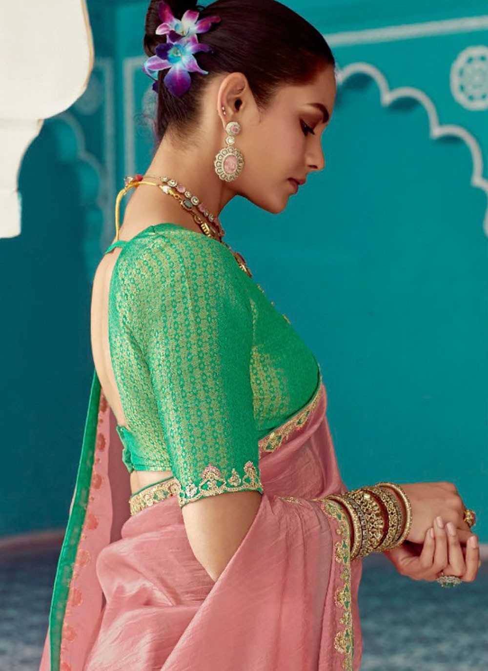 Traditional Embroidered Pink Glass Tissue Saree S13280