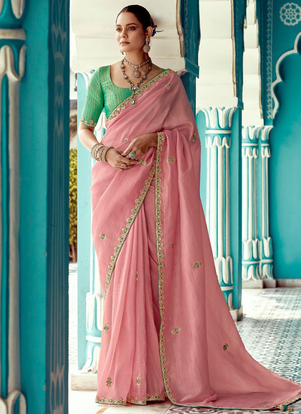 Traditional Embroidered Pink Glass Tissue Saree S13280