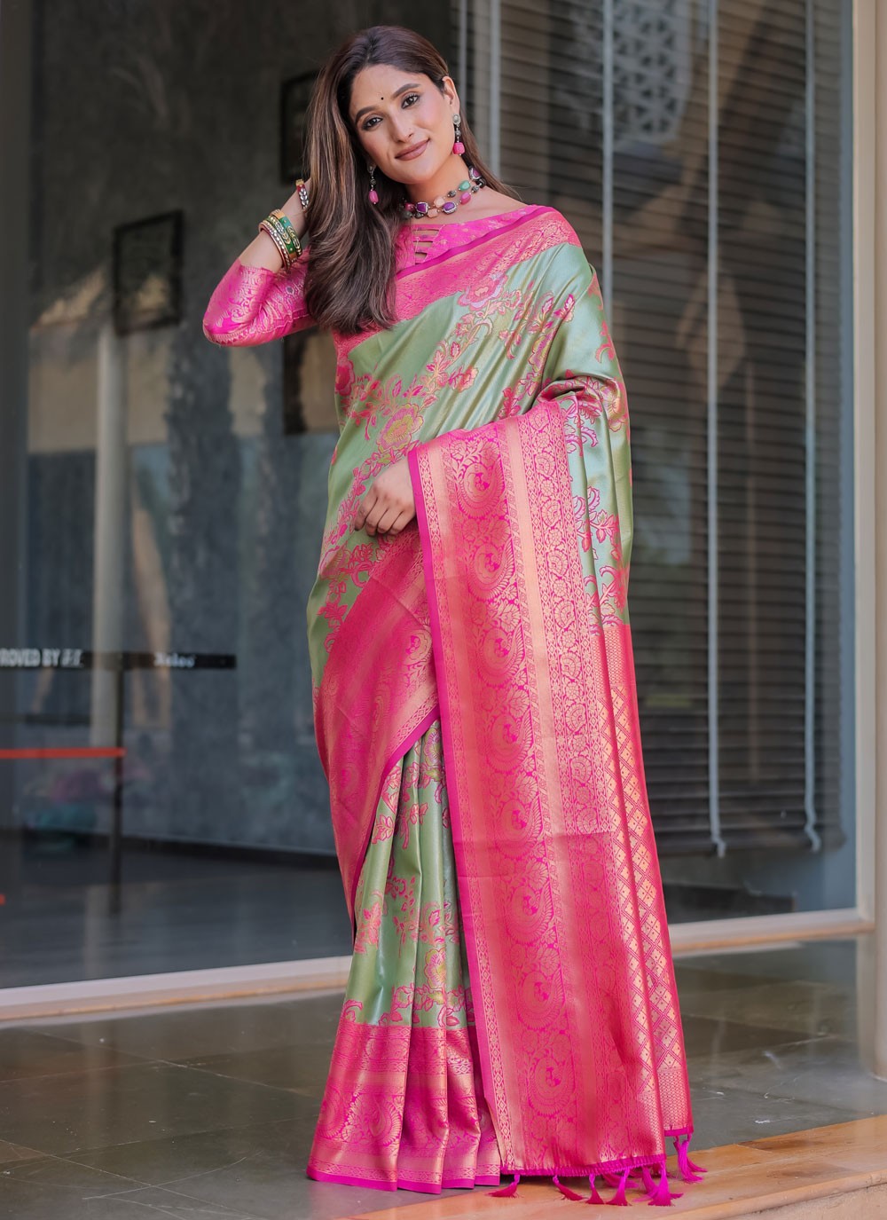 Contemporary Woven Green, Grey Malbari Silk S12348