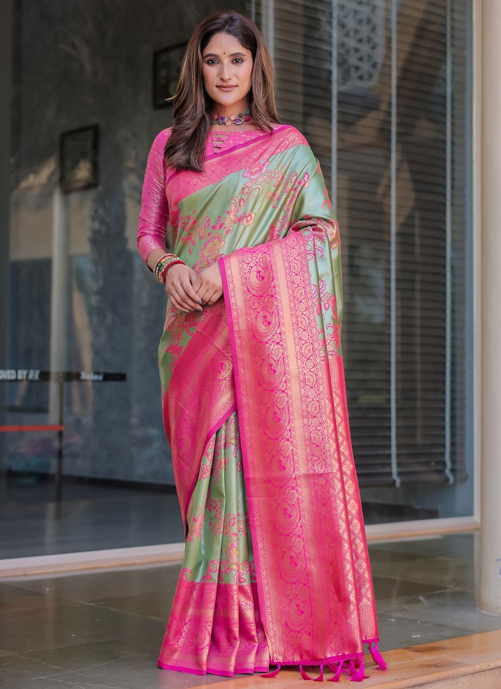 Contemporary Woven Green, Grey Malbari Silk S12348
