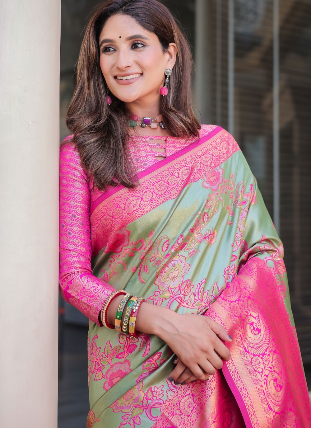 Contemporary Woven Green, Grey Malbari Silk Saree S12348