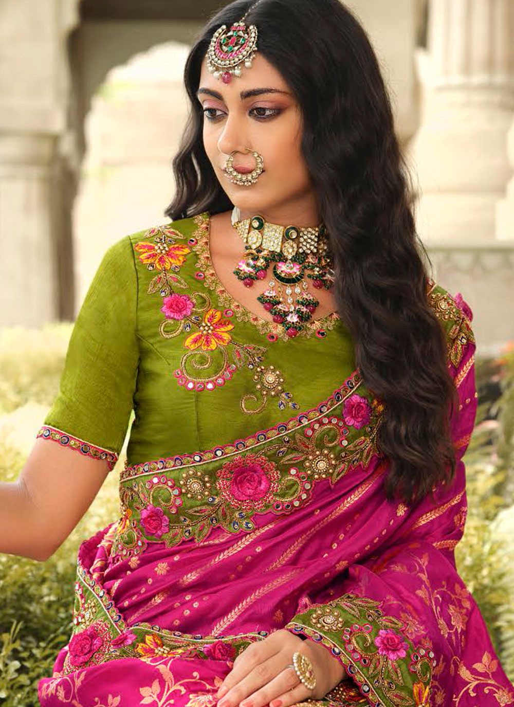 Classic Saree Embroidered Green, Hot Pink Silk Saree S13367