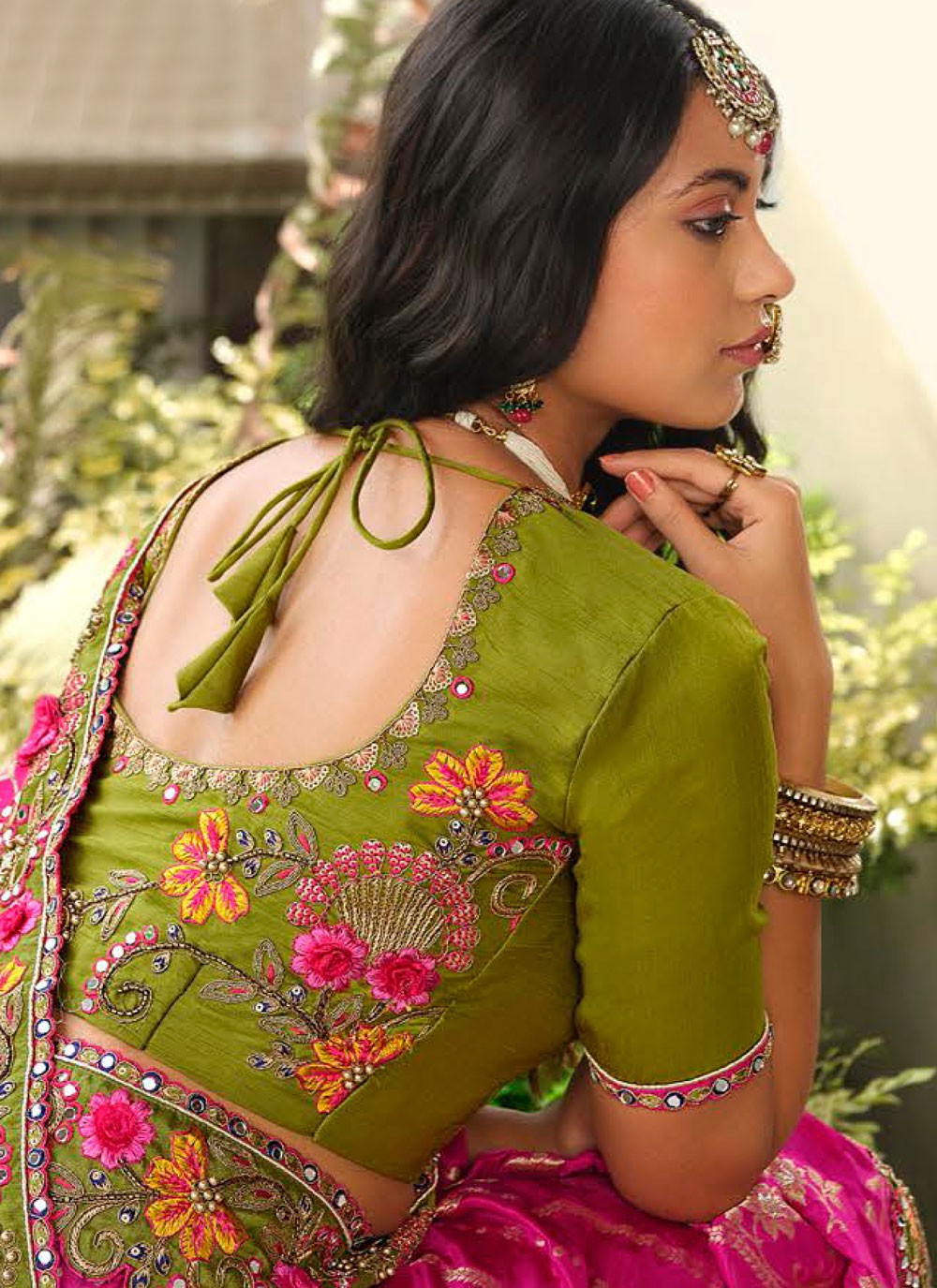 Classic Saree Embroidered Green, Hot Pink Silk Saree S13367