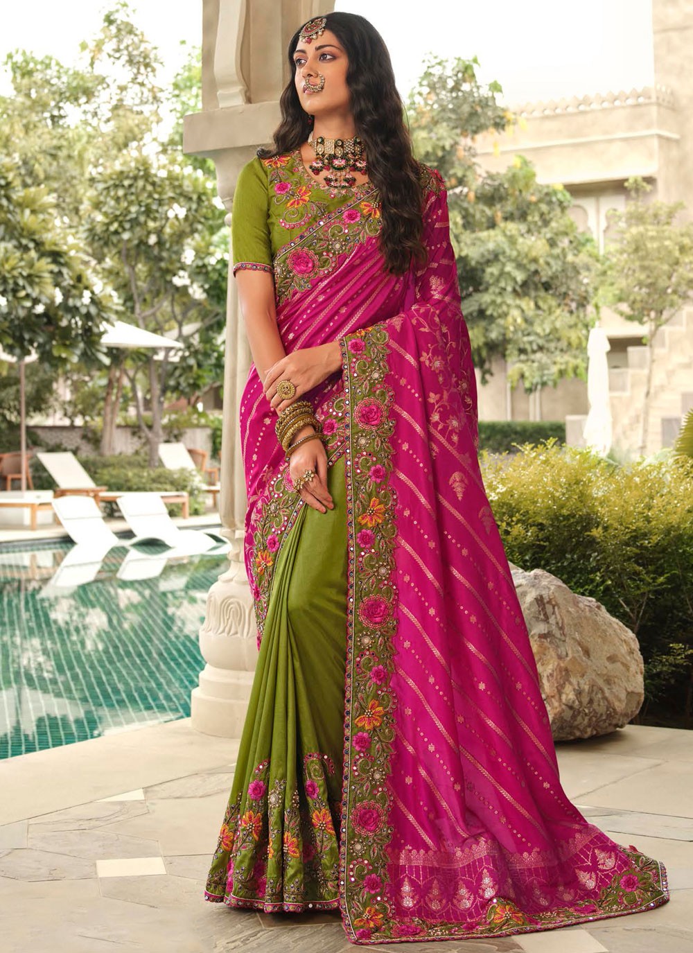 Classic Saree Embroidered Green, Hot Pink Silk Saree S13367
