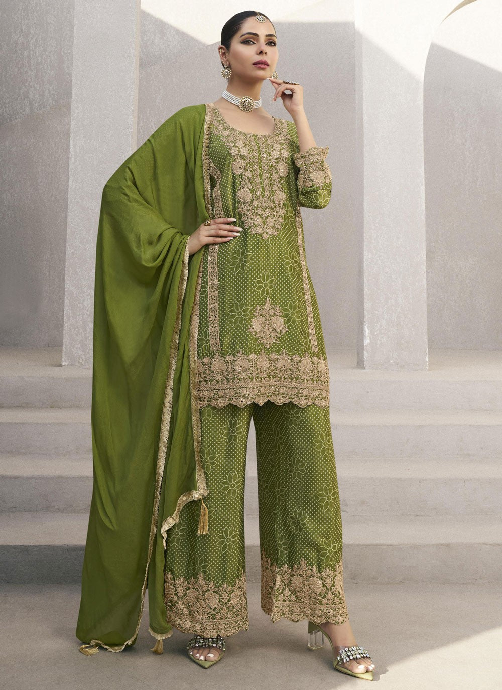 Digital Print Chinon Green Palazzo Suit T6275