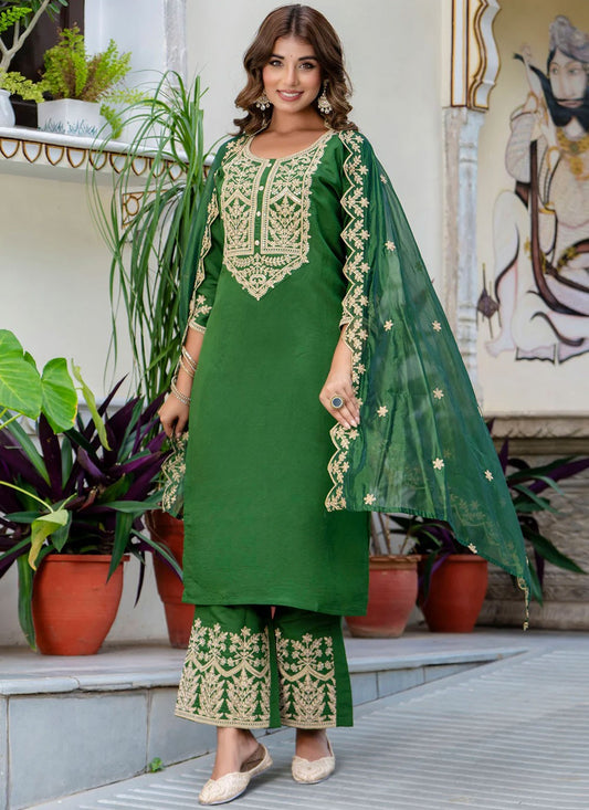Salwar Suit Embroidered Green Silk Blend T5863