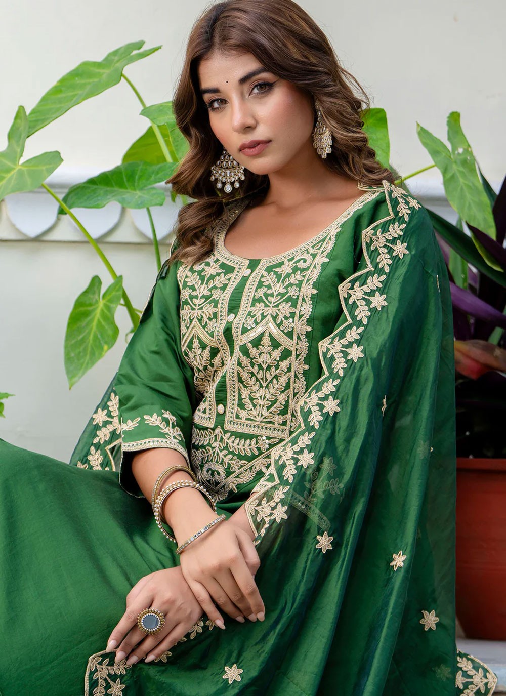 Salwar Suit Embroidered Green Silk Blend T5863