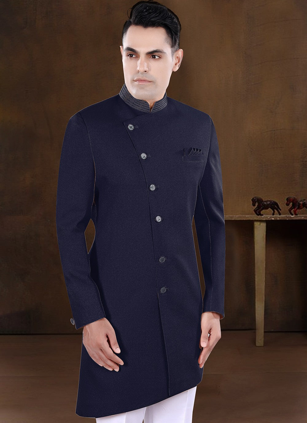 Embroidered Imported Navy Blue Indo Western - M8208