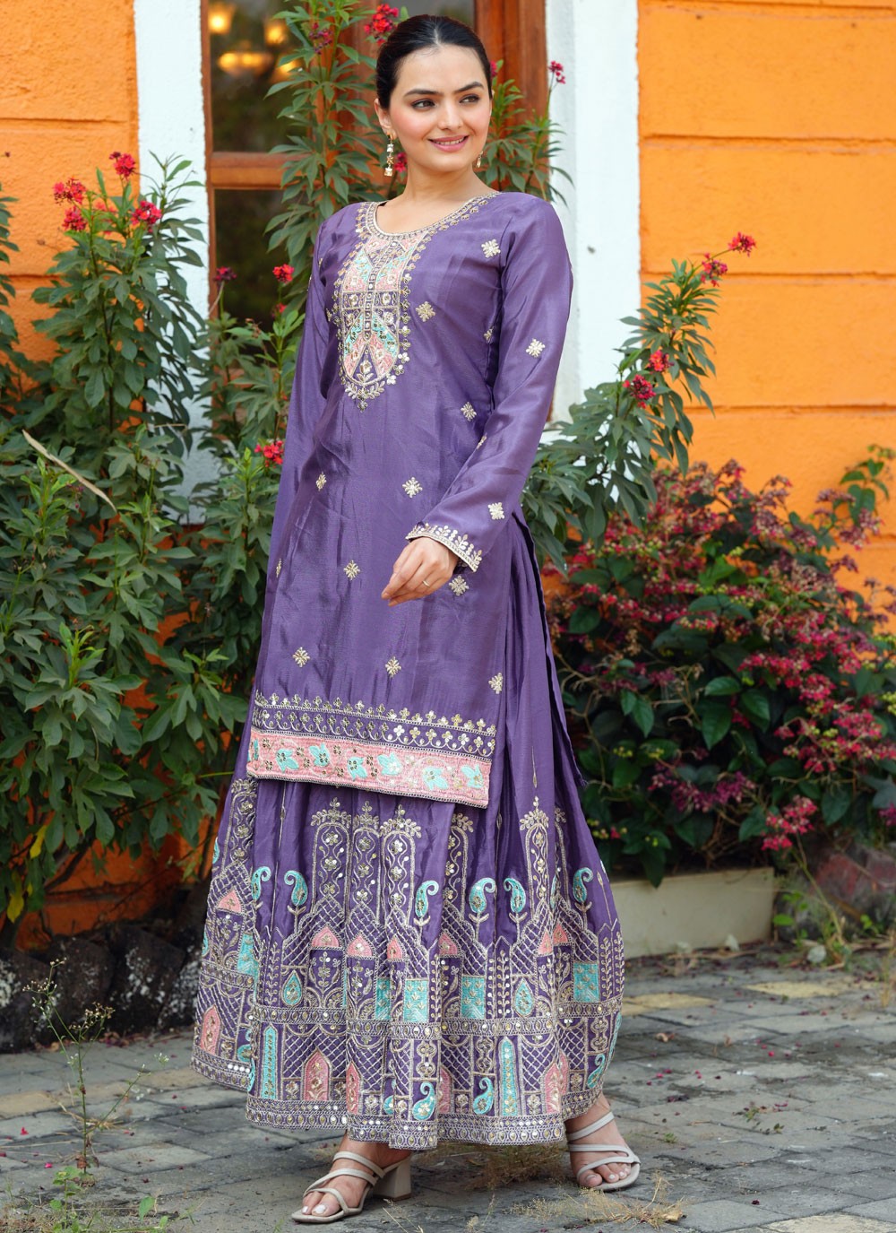 Embroidered Chinon Lavender Palazzo Suit T6273