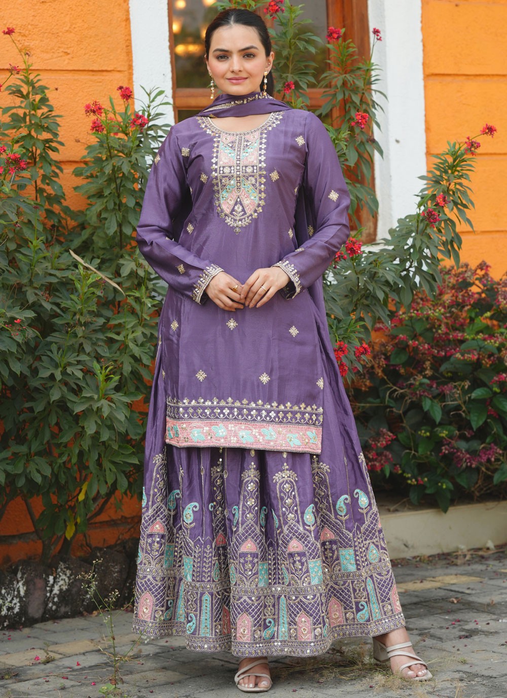Embroidered Chinon Lavender Palazzo Suit T6273