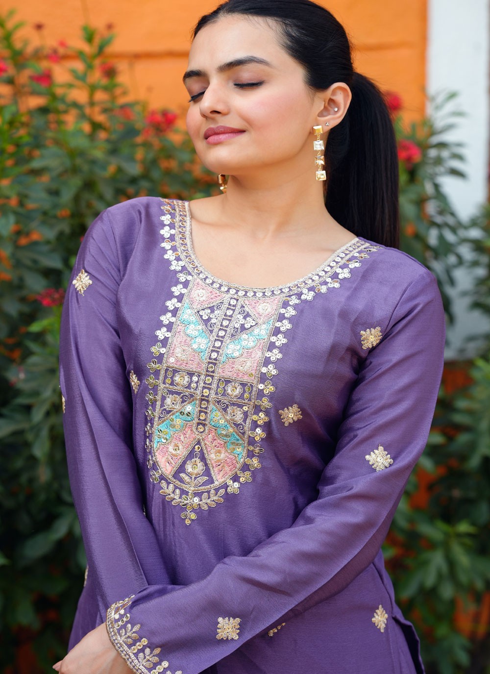 Embroidered Chinon Lavender Palazzo Suit T6273