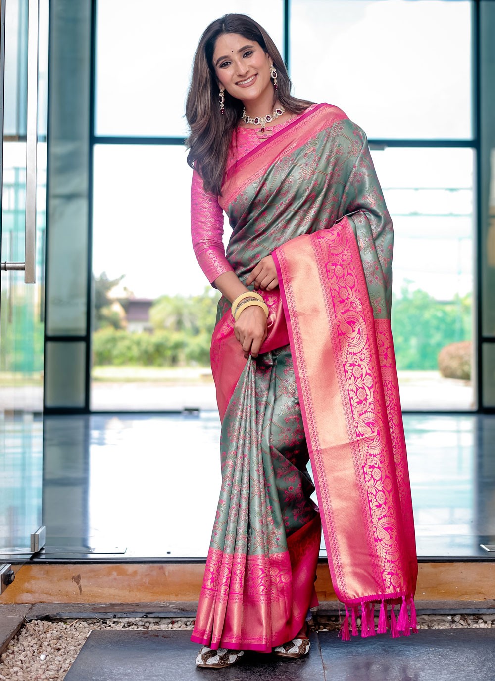 Designer Woven Grey, Silver Malbari Silk S12344