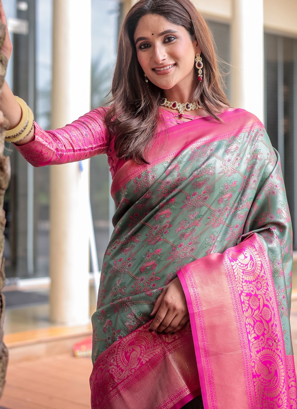 Designer Woven Grey, Silver Malbari Silk S12344