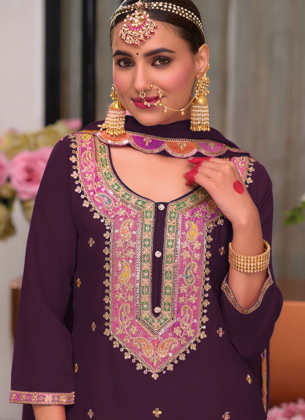 Salwar Suit Embroidered Purple Chinon T5750