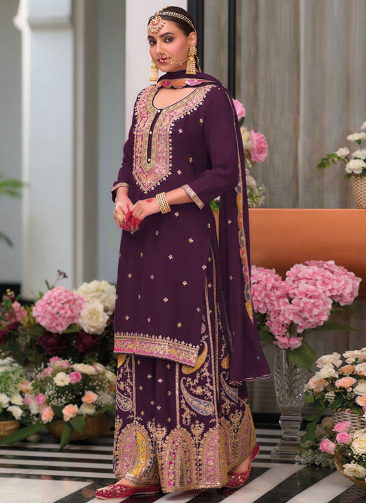 Salwar Suit Embroidered Purple Chinon T5750
