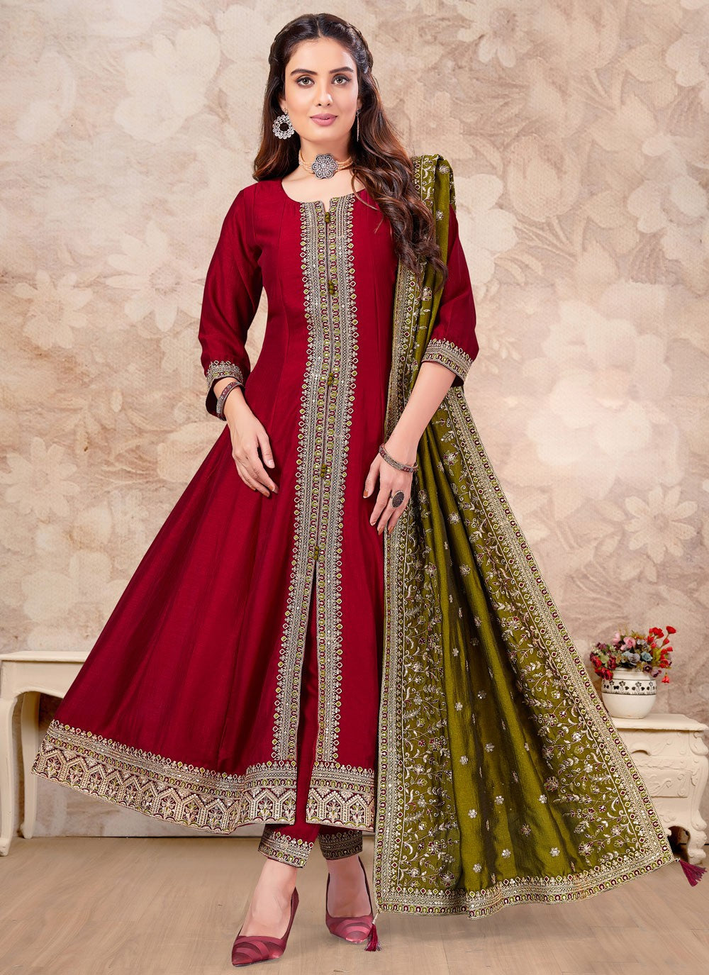 Salwar Suit Embroidered Hot Pink, Maroon Silk T5584