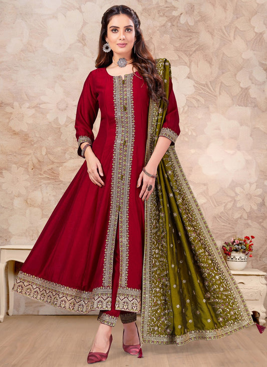 Salwar Suit Embroidered Hot Pink, Maroon Silk T5584