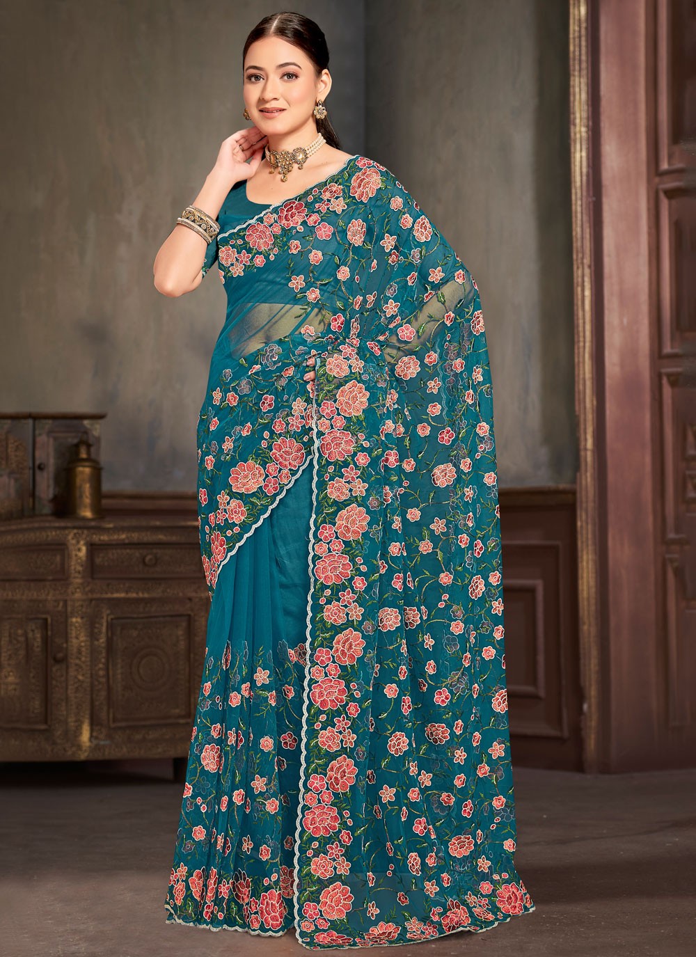 Embroidered Net Morpeach Saree S14448