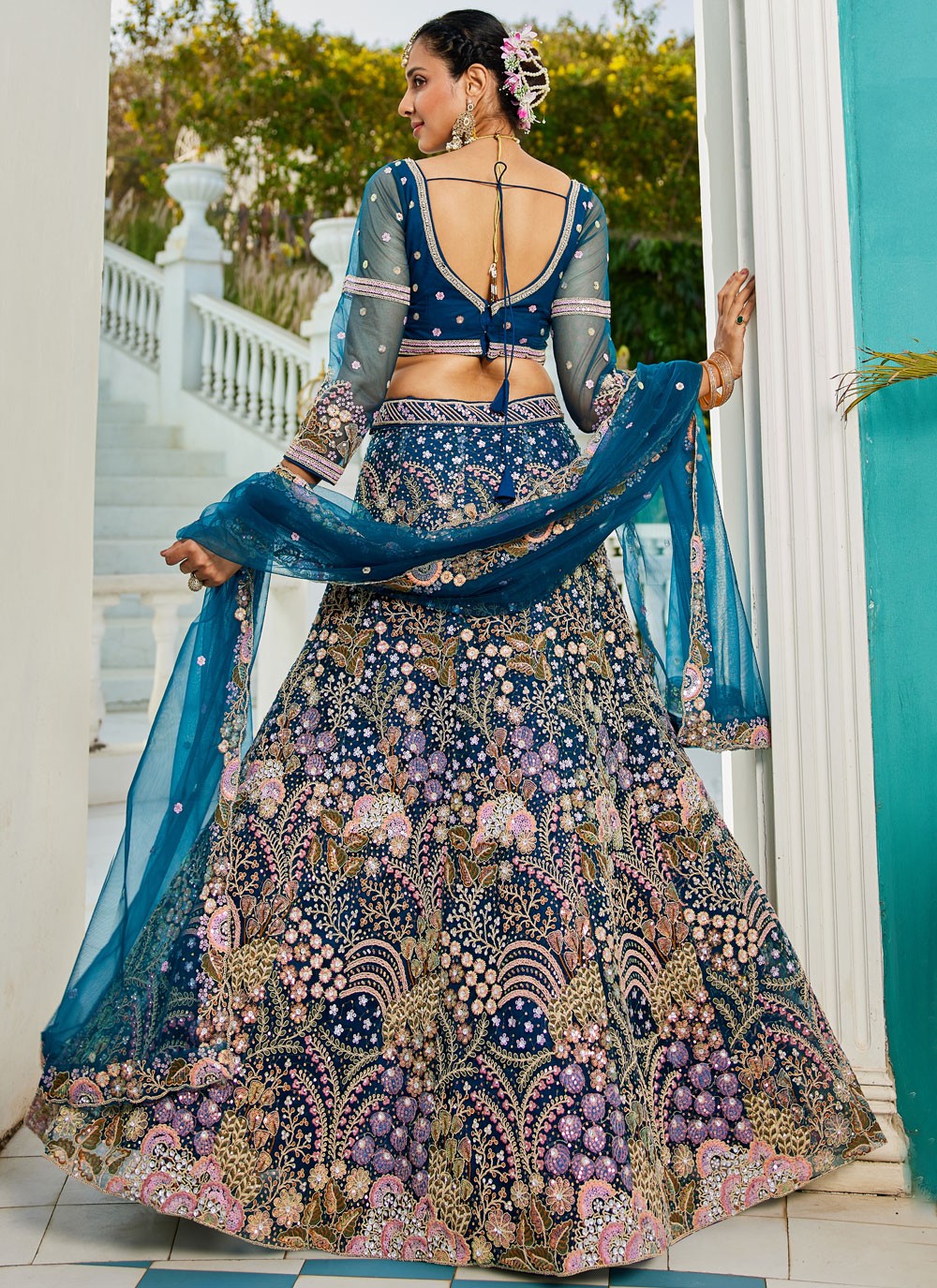 Embroidered Net Morpeach Lehenga - L3363