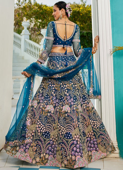 Embroidered Net Morpeach Lehenga - L3363