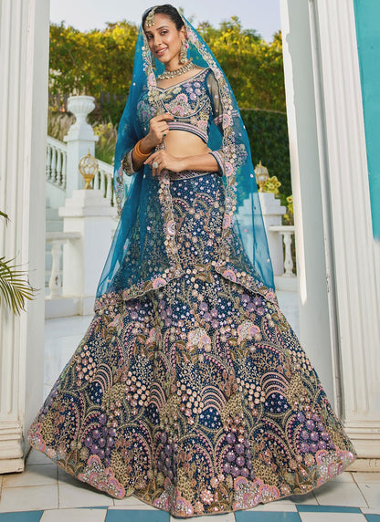 Embroidered Net Morpeach Lehenga - L3363