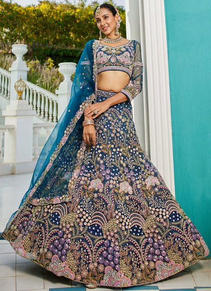 Embroidered Net Morpeach Lehenga - L3363