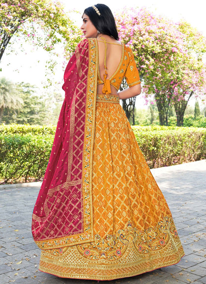 Embroidered Banarasi Silk Mustard Lehenga Choli L3709