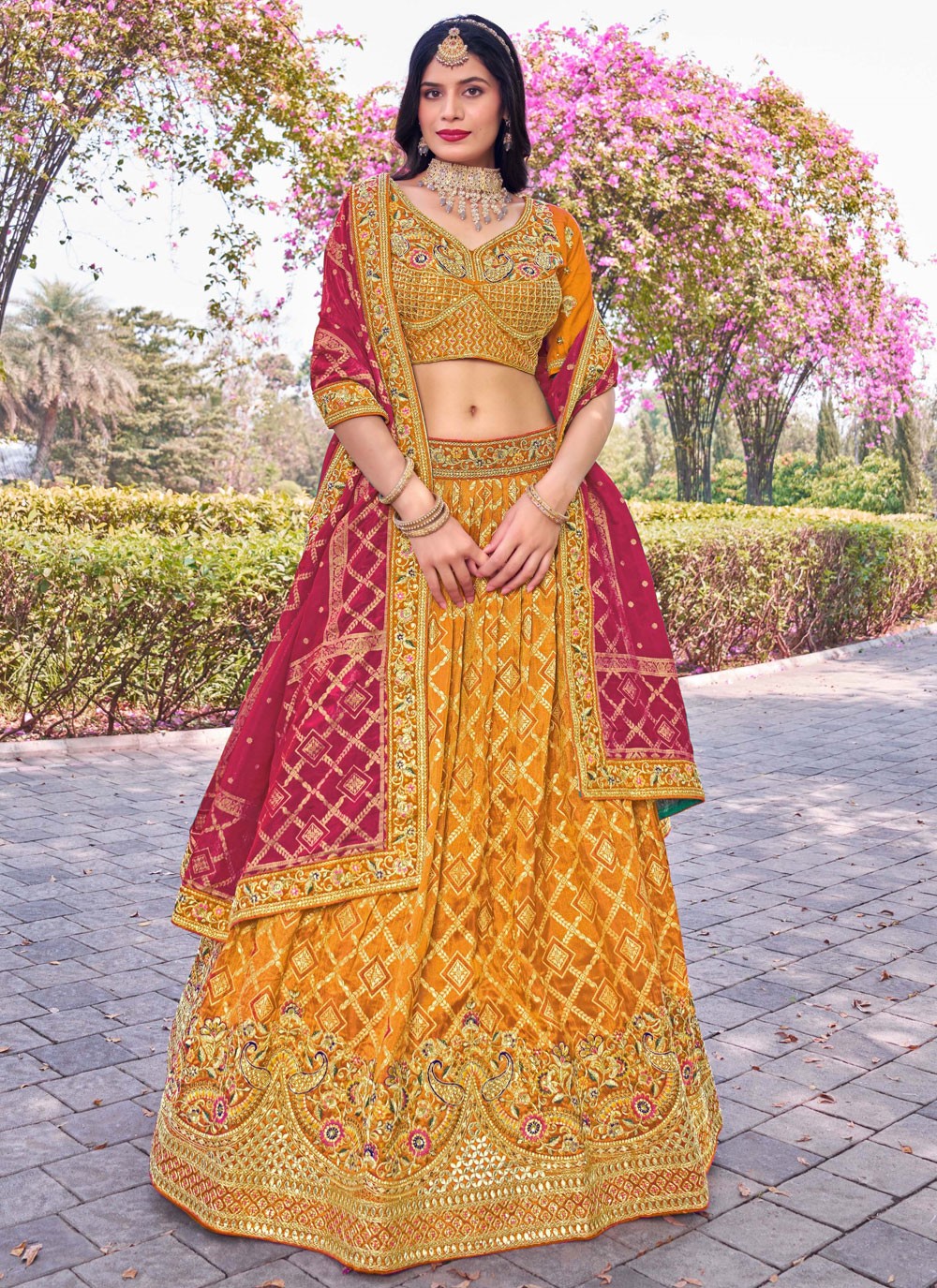 Embroidered Banarasi Silk Mustard Lehenga Choli L3709