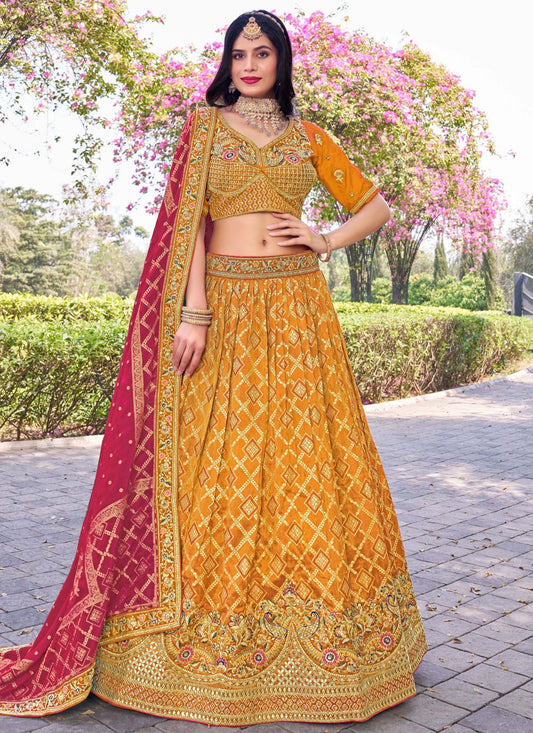 Embroidered Banarasi Silk Mustard Lehenga Choli L3709