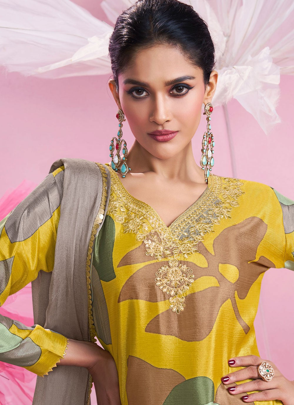 Salwar Suit Embroidered Mustard Chinon T5602