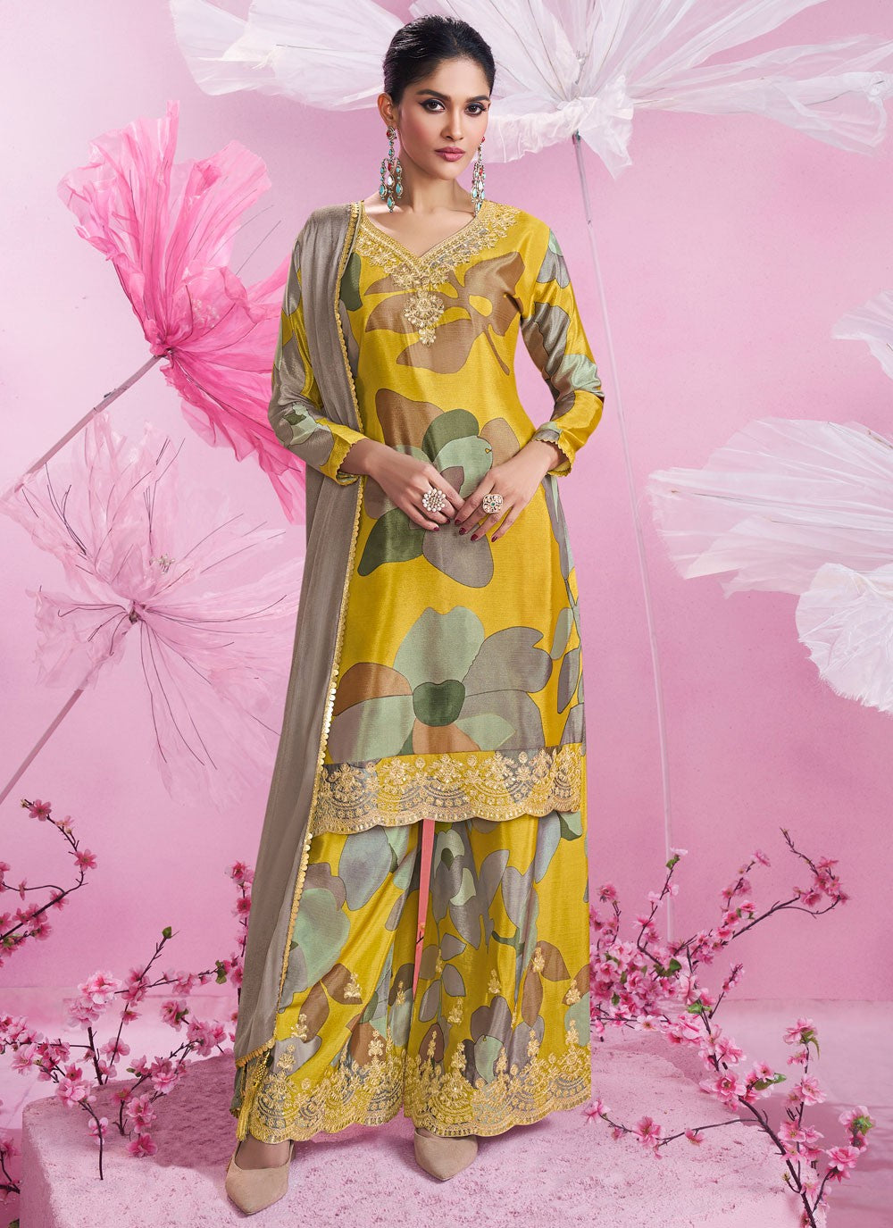 Salwar Suit Embroidered Mustard Chinon T5602