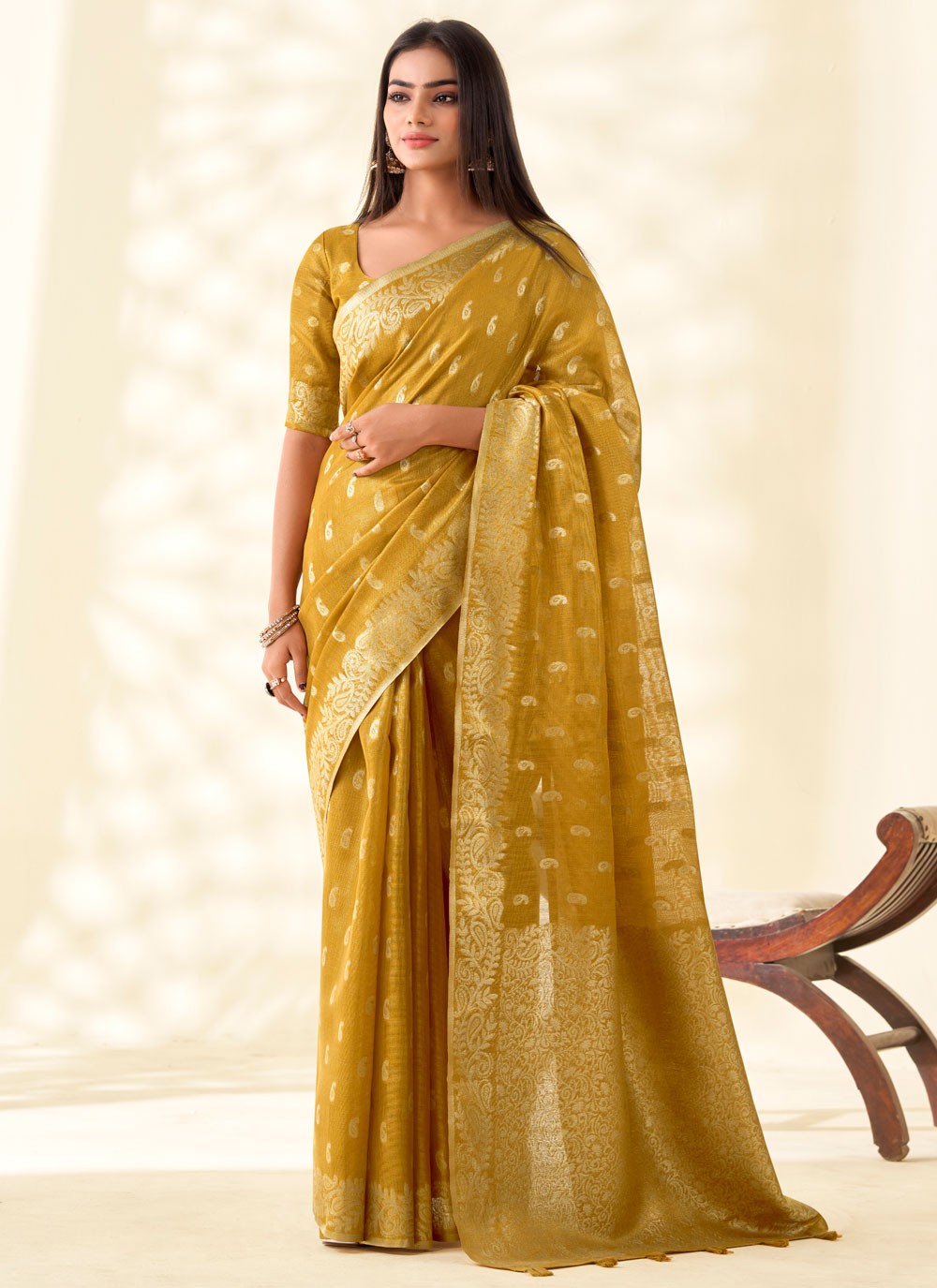 Mustard Silk Traditional Saree Buttis, Weaving Zari, Zari S17894