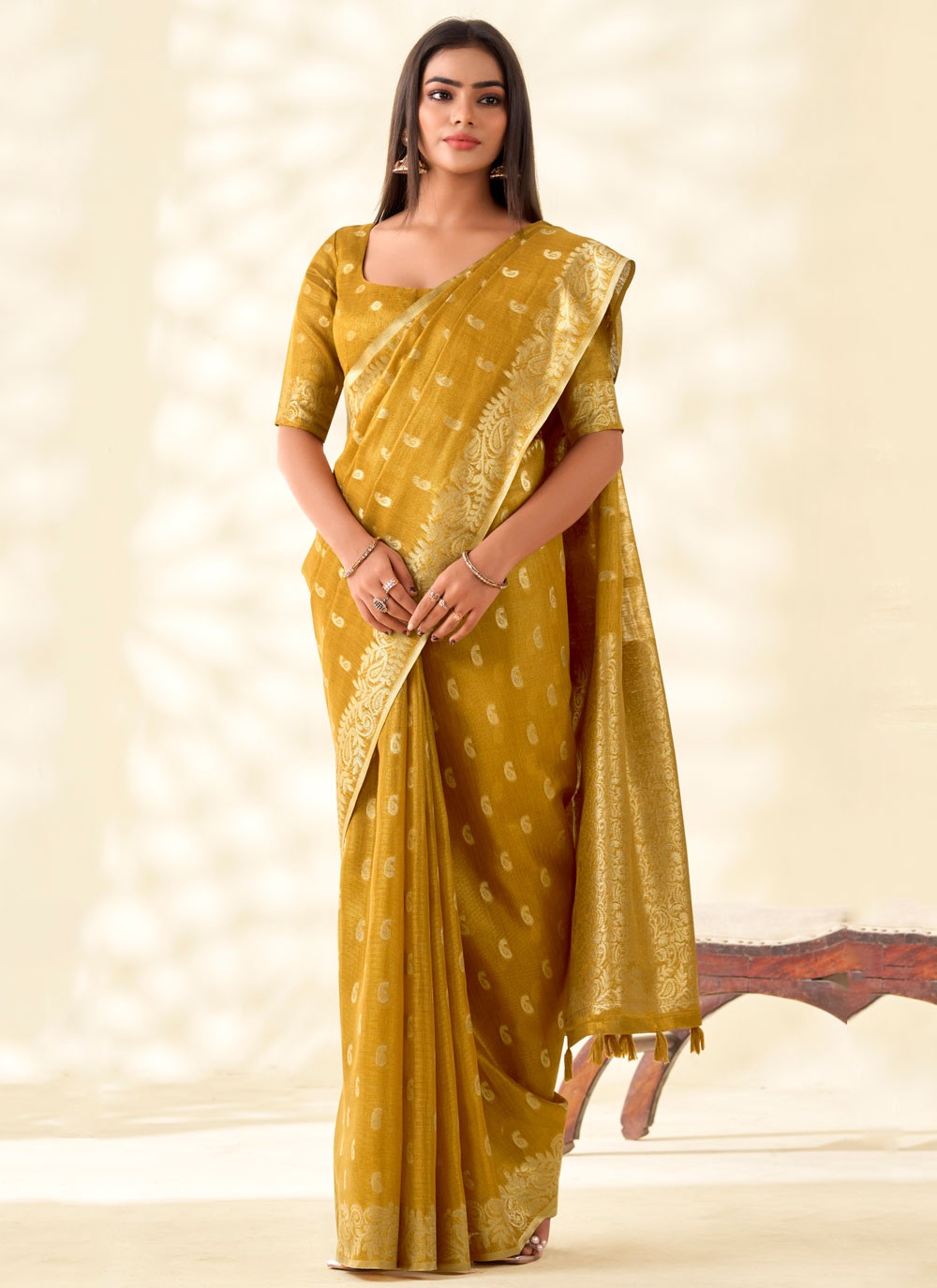 Mustard Silk Traditional Saree Buttis, Weaving Zari, Zari S17894