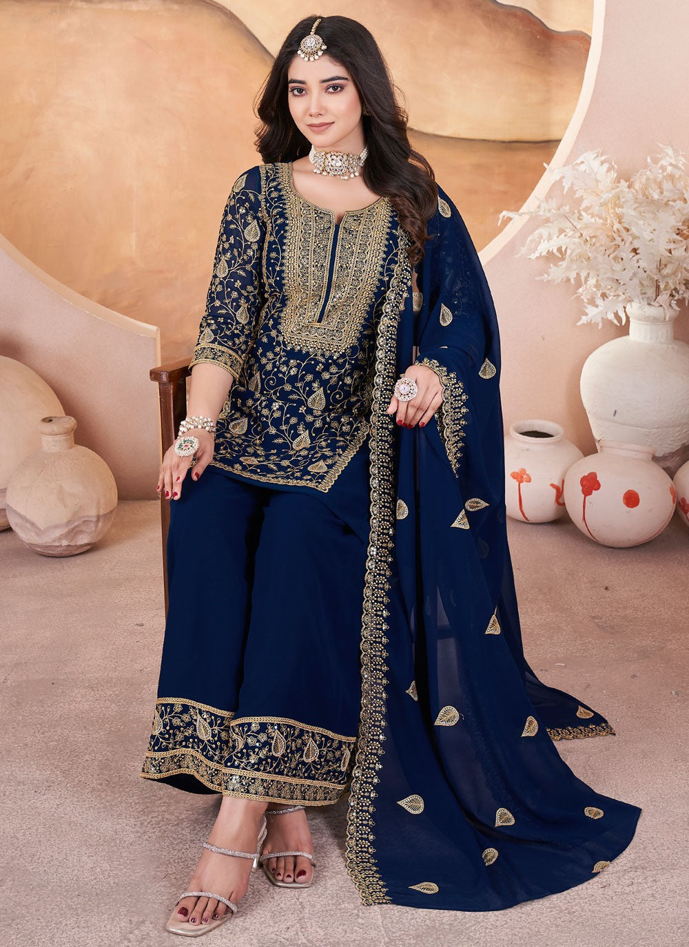 Salwar Suit Embroidered Navy Blue Georgette T5627