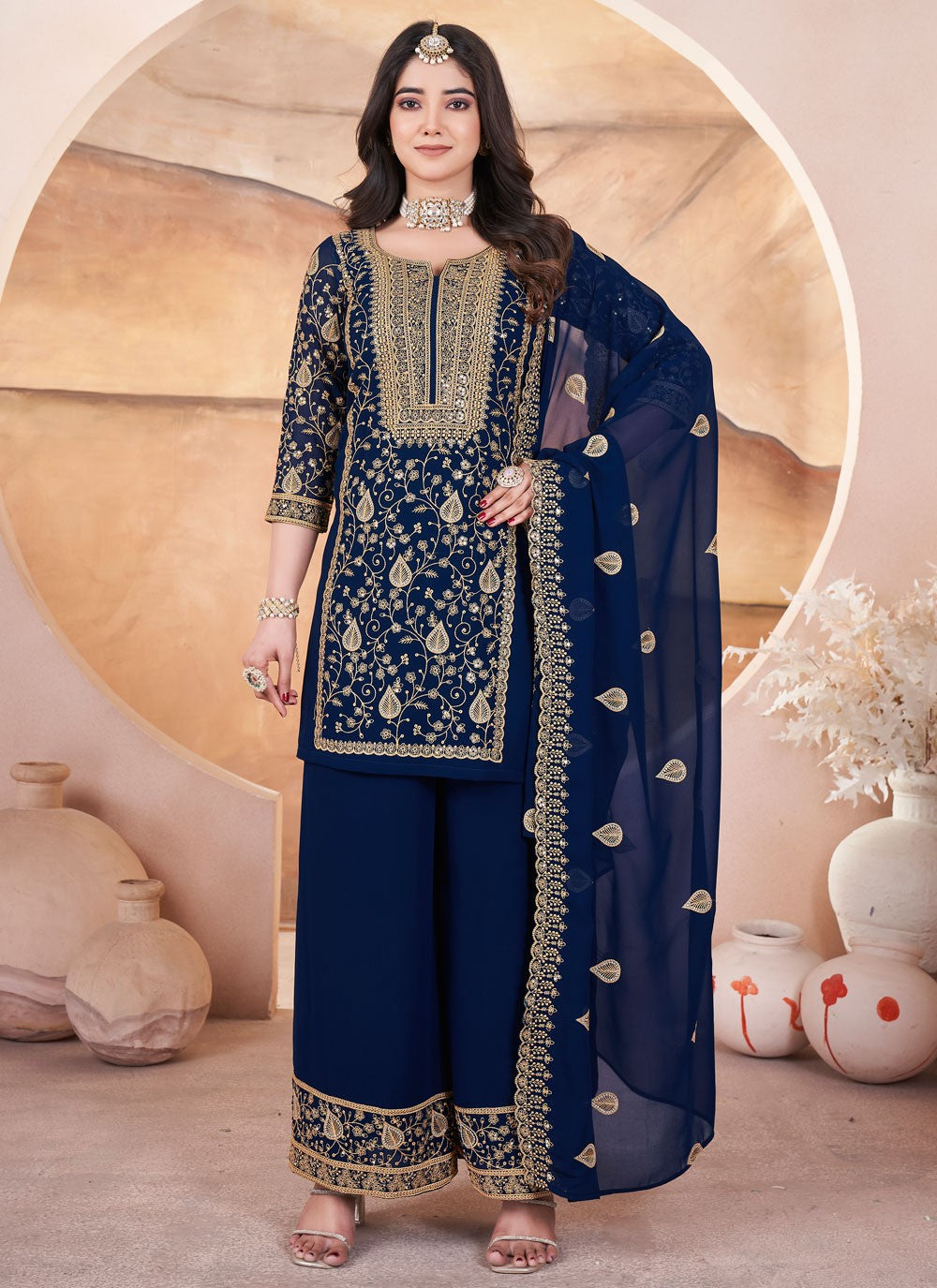 Salwar Suit Embroidered Navy Blue Georgette T5627