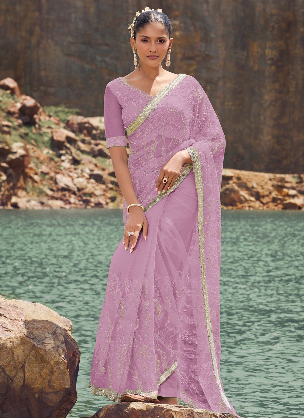 Classic Beads Net Saree - S8180