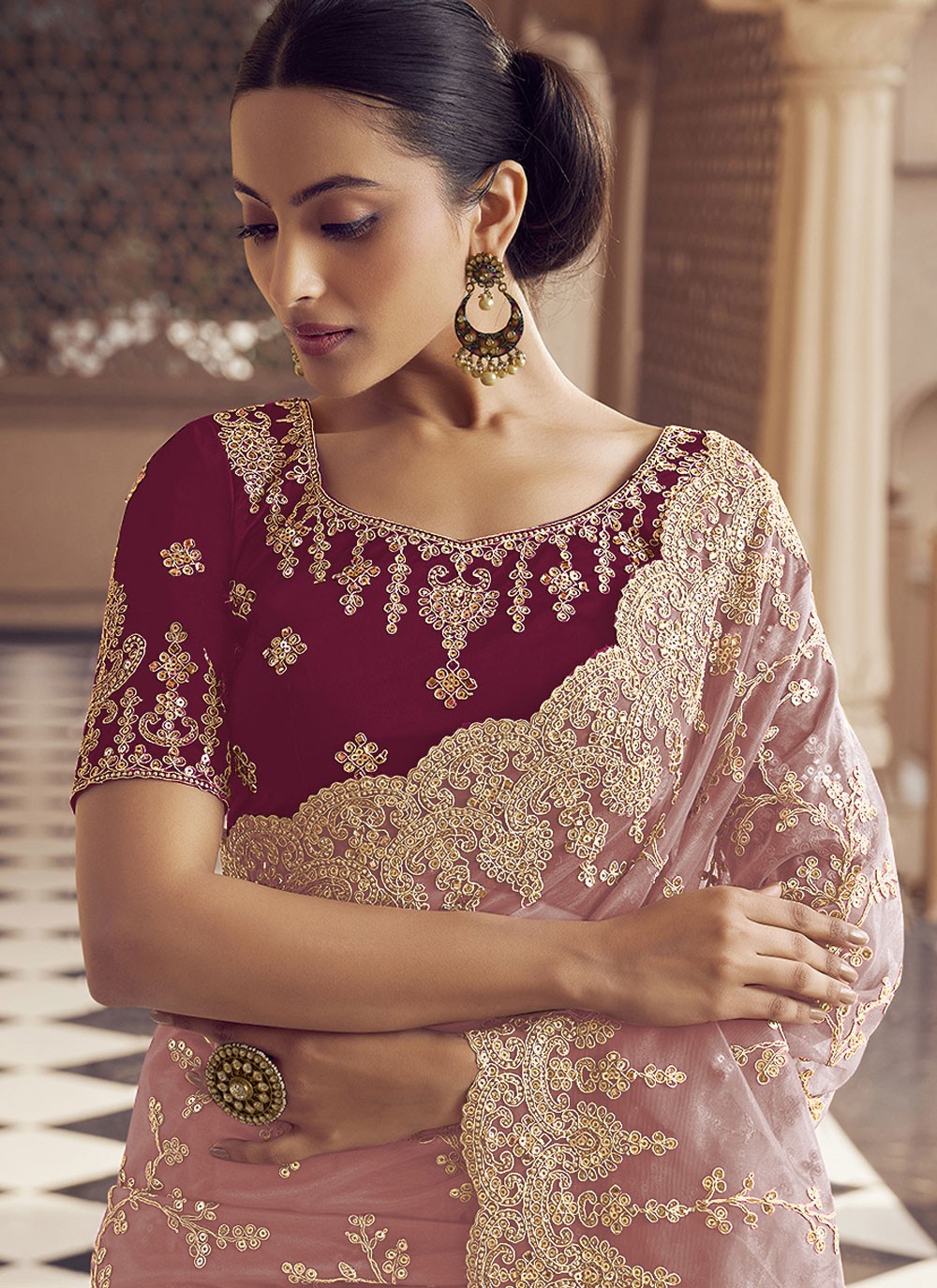 Contemporary Embroidered Pink Net S12482