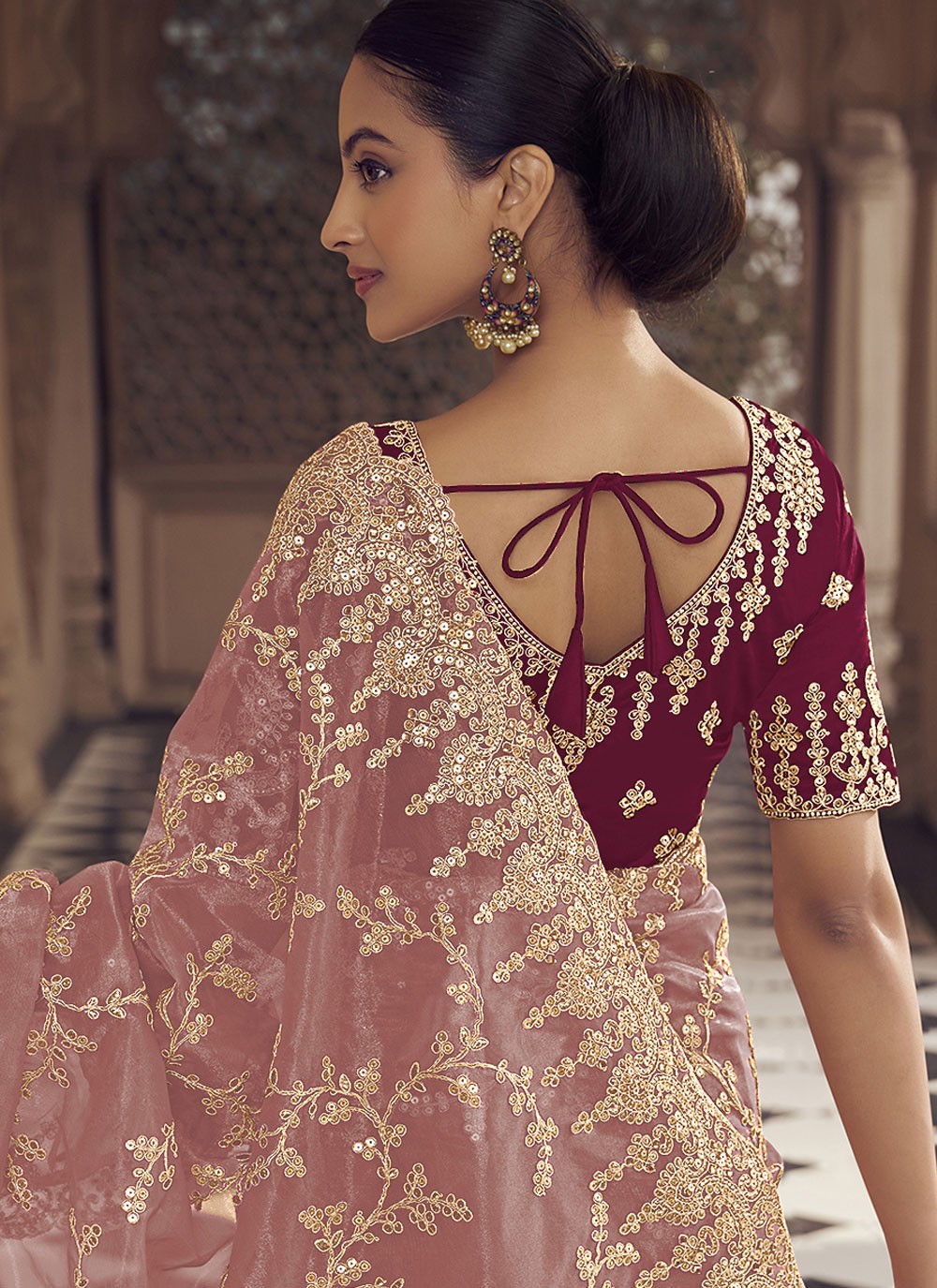 Contemporary Embroidered Pink Net Saree S12482