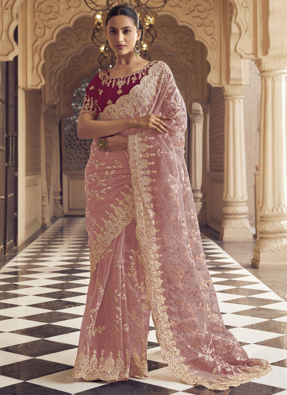 Contemporary Embroidered Pink Net S12482