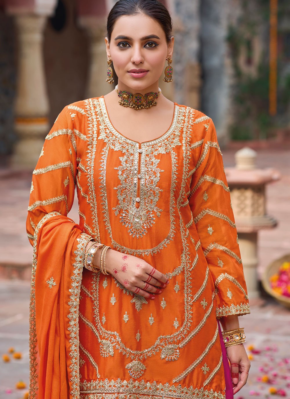 Salwar Suit Embroidered Orange Chinon T5414